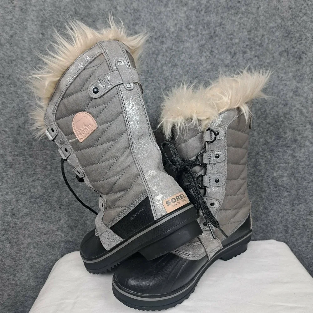 Sorel Women's Waterproof Snow Boots Gray Metallic Fur Lined Lace Up Size‎ 6